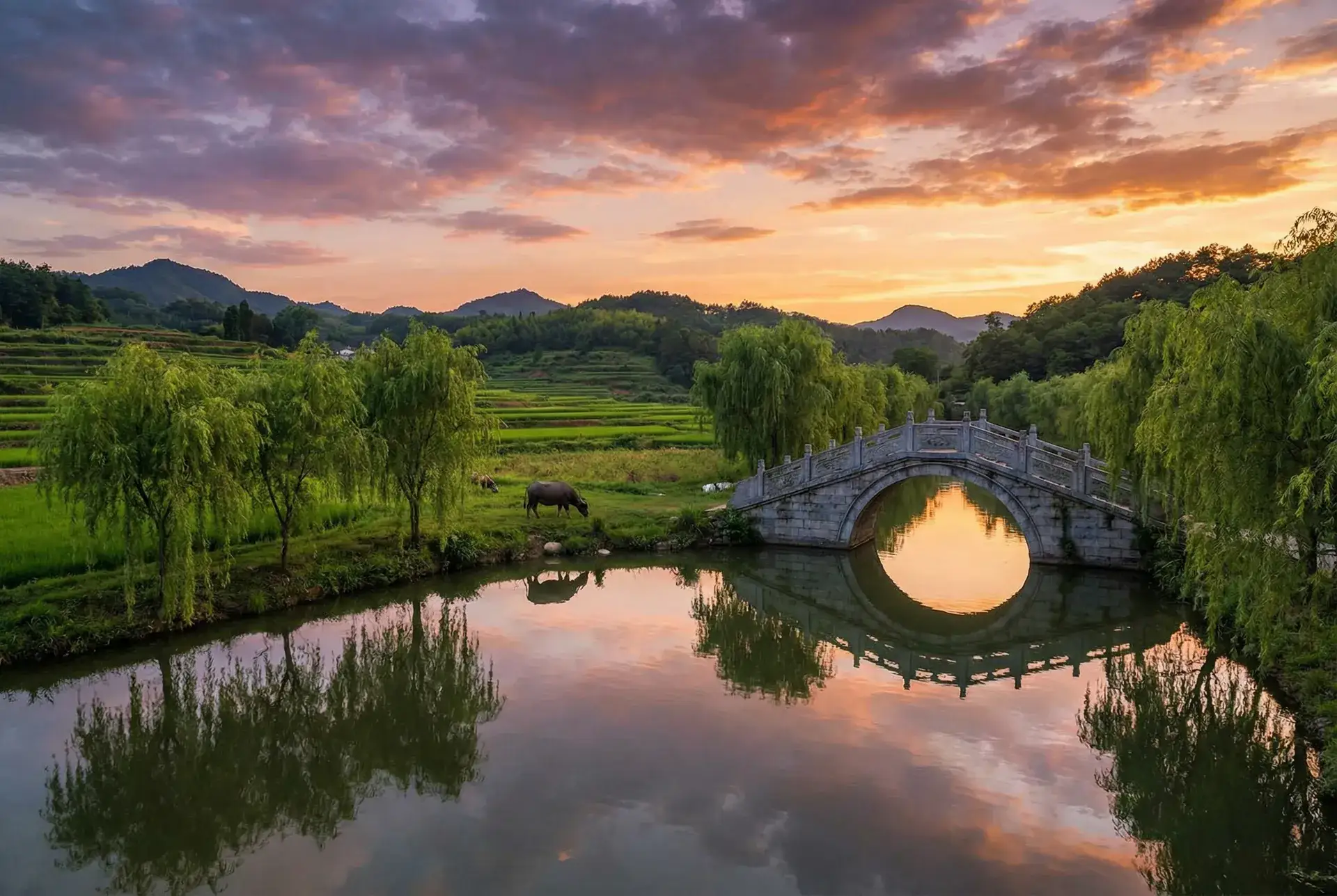 夕阳下的石拱桥与垂柳，水牛在河边吃草 - 余罪第一季 迅雷下载 乡村美景